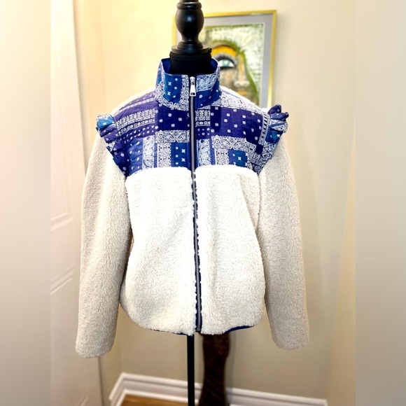 Sundance Catalog By Driftwood Sherpa “Bixby  Bandana Jacket” blue & cream 💙💛 - Picture 2 of 12